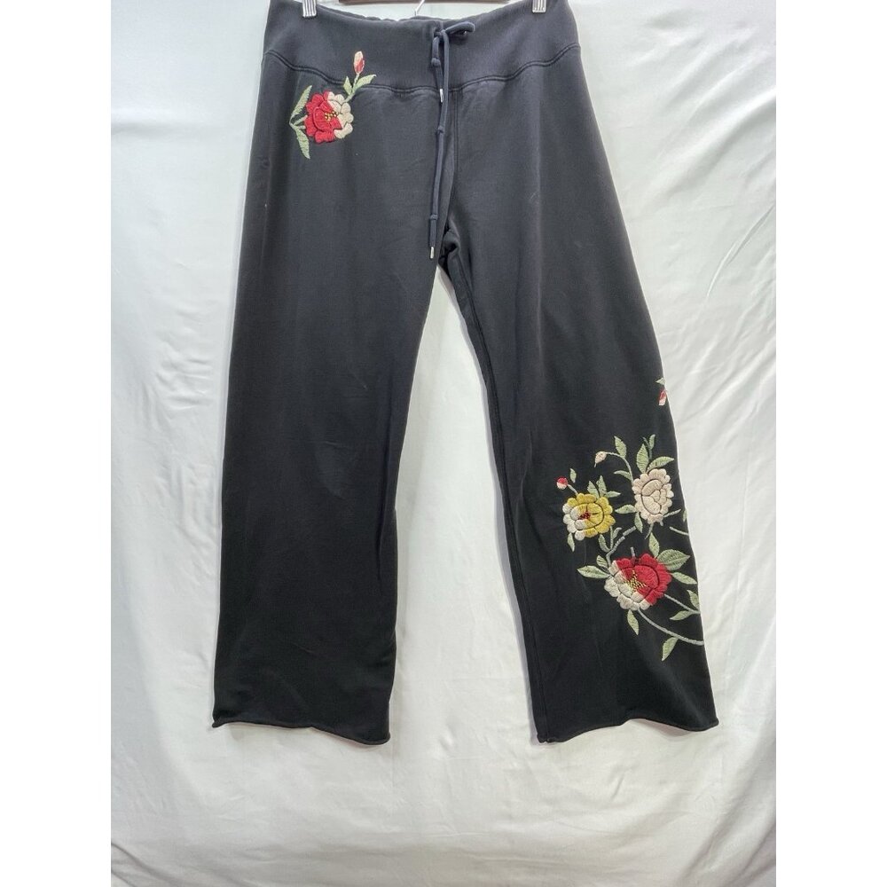 Y2K Lucky Brand Sweat Pants Black Large Embroidered Flowers Wide Leg Sz L/Read
